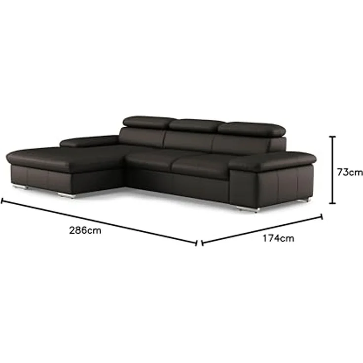 CAVADORE Echtleder-Schlafcouch Valerie mit XL-Longchair / Ecksofa mit Bettfunktion, Kopfteilverstellung + großem Longchair / 286 x 73 x 174 / Leder Dunkelbraun – Bild 3