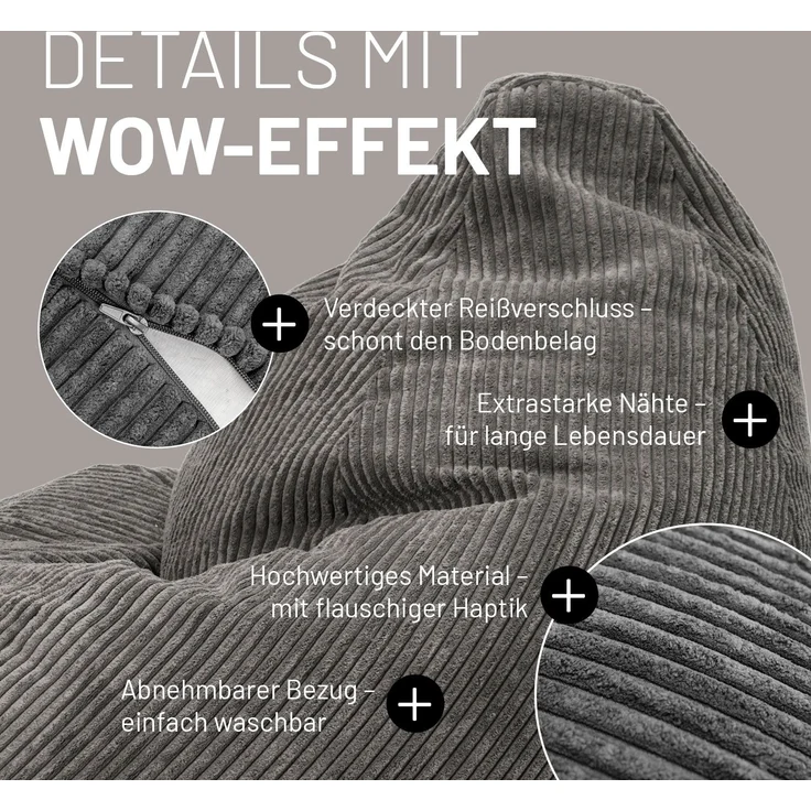 Lumaland Sitzsack GIANT Cord Sitzsack Stabile Lehne ideal fürs Gaming, verdeckter Reißverschluss, trendig & Gemütlichkeit vereint – Bild 5