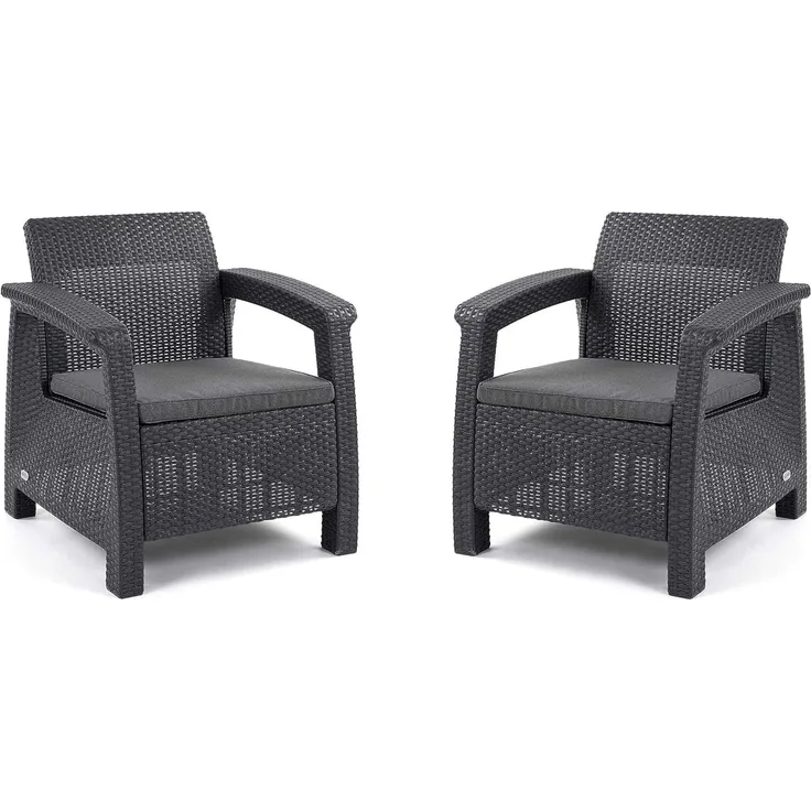 Allibert by Keter Corfu 2er Set Gartensessel aus Kunststoff, inkl. Outdoor Kissen, für Garten und Balkon, graphit / hell grau, 75 x 70 x 79 cm pro Stuhl
