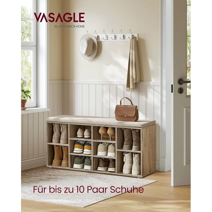 VASAGLE Schuhbank, Schuhregal mit Sitzfläche, Sitzbank mit Stauraum, gut gepolstert, Flurbank mit 10 Fächern, verstellbaren Ablagen, für Schlafzimmer, 30 x 104 x 48 cm, kamelbraun LHS010K02 – Bild 3