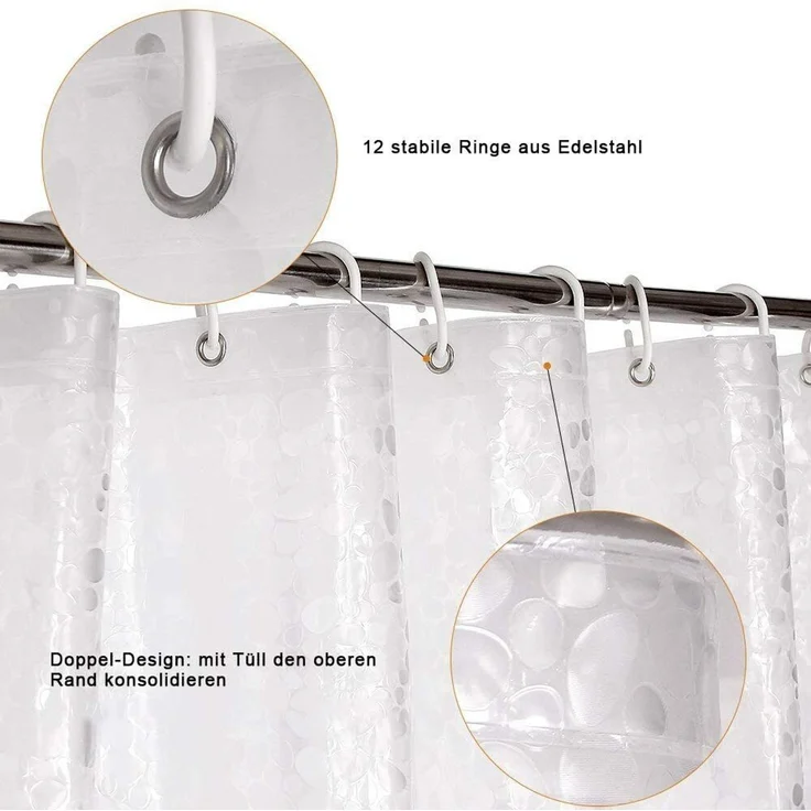 NEU 3D 180 x 180 cm Duschvorhang Wasserdicht Anti Schimmel Antibakteriell+ 12 Ringe DE--Uraltes Weiß--1x23x28cm--YOUDENOVA – Bild 10