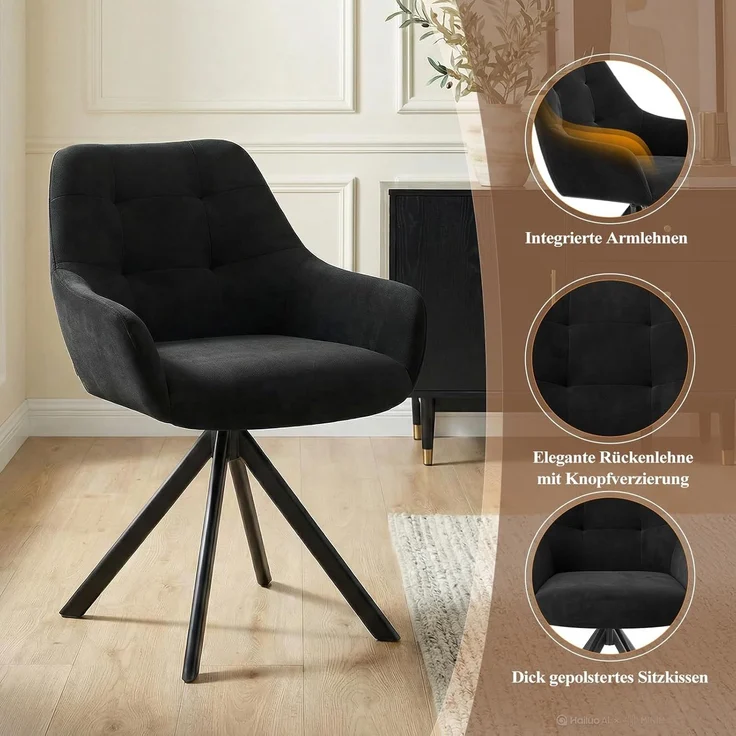 COLAMY Drehbare Esszimmerstühle 4er Set, Esszimmerstühle Drehbar mit Armlehne, Armlehnstuhl Drehbar mit Rückenlehne für Esszimmer, Stühle aus Weichem Florstoff mit Metallgestell für Küche, Schwarz – Bild 7