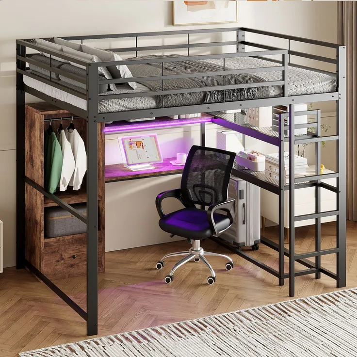 Hochbett, 140x200 cm , Metallbett, Mit LED-Leuchten, Schreibtisch, 1 Schubladen, Regale, Geländer, Treppe, ohne Matratze, Schwarz