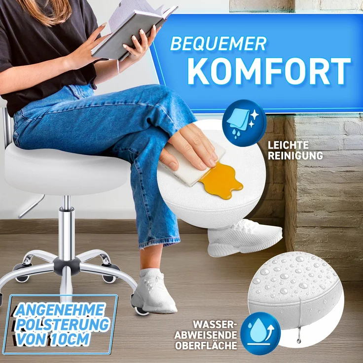 TRESKO® Rollhocker mit Lehne Weiß | Arbeitshocker höhenverstellbar 47-60 cm | Drehhocker mit Rollen | Bürostuhl Hocker Drehstuhl Kosmetikhocker – Bild 3