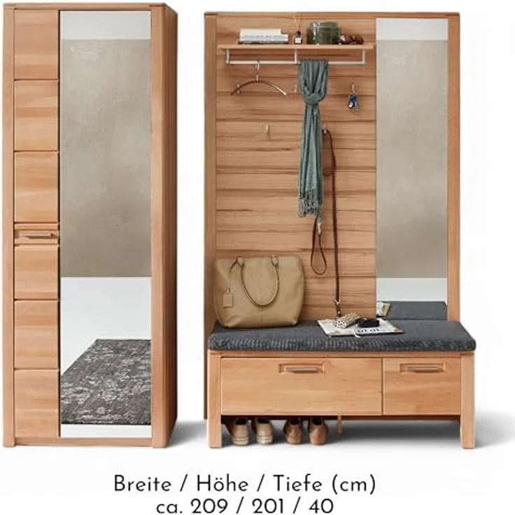 Stella Trading Nature ONE Flurgarderoben Set in Kernbuche Teil-massiv FSC-Zertifiziert - Modernes Garderobenset 3-teilig für Ihren Eingangsbereich - 209 x 201 x 40 cm (B/H/T) – Bild 8