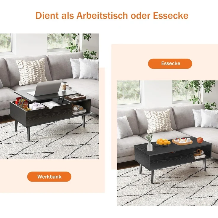 Sweetcrispy Couchtisch Höhenverstellbar, Tisch Wohnzimmertisch, offener und versteckter Stauraum Couchtisch, Sofatisch Beistelltisch, 100x50 cm Sofatisch aus Holz für Wohnzimmer, Schwarz – Bild 6