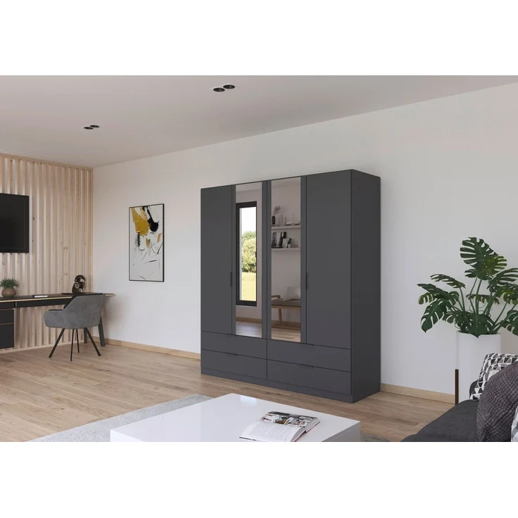 Rauch Möbel Lagoa, Kleiderschrank, Garderobe für Schlafzimmer, Kinderzimmer, Jugendzimmer 4-türig mit Spiegel, 4 Schubladen, mit Zubehör Basic, Farbe Grau metallic, Schwarz, Breite 181 cm – Bild 2