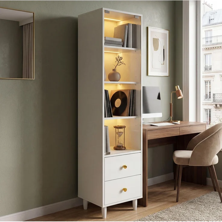 Vitrine 40 x 35 x 165 cm in Weiß mit Glastüren, LED-Beleuchtung und 2 Schubladen – Bild 1