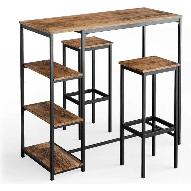 Bartisch-Set Fyrk Antikholz 120 x 50 cm mit Regalen und 2 Barhockern Vicco