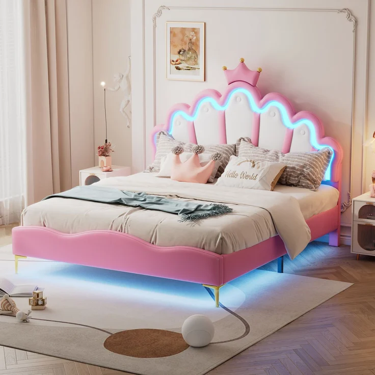 140*200cm Flaches Doppelbett, kronenförmiges Prinzessinnenbett, weiche Polsterung aus PU-Leder, verstellbarer LED-Umgebungslichtstreifen,Rosa – Bild 2