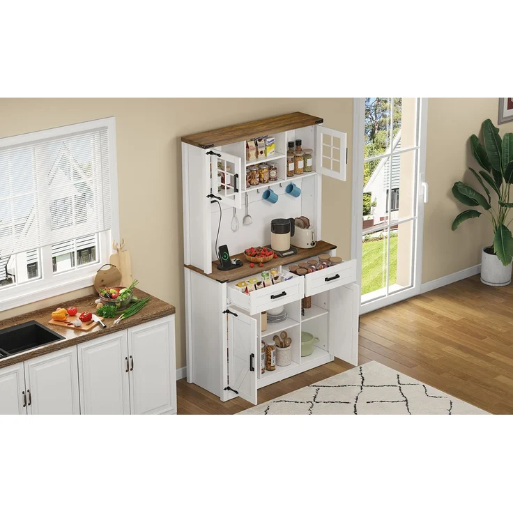 ZUBALIYA Buffetschrank 100x40x172 cm, mit LED-Beleuchtung, mit Steckdosen, mit verstellbaren Einlegeböden, aus MDF, Braun / Weiß – Bild 17
