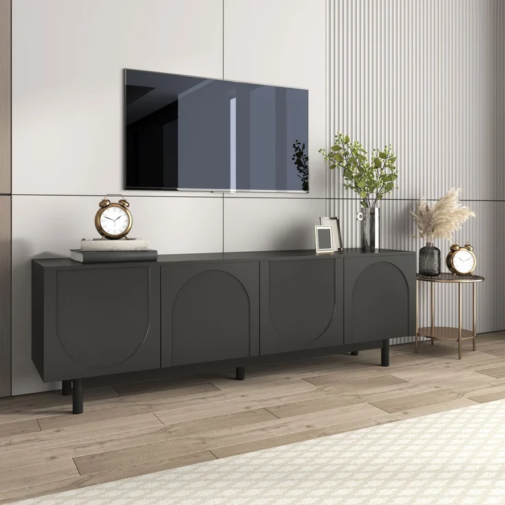 TV-Schrank Schwarz 175 x 38 x 56 cm mit 4 Türen Push-to-Open Stauraum – Bild 7