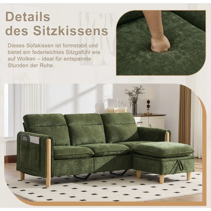 DESVIAE Sofa 3-Sitzer mit Stauraumhocker und Seitentaschen 201x77x86 cm Chenille Grün – Bild 5