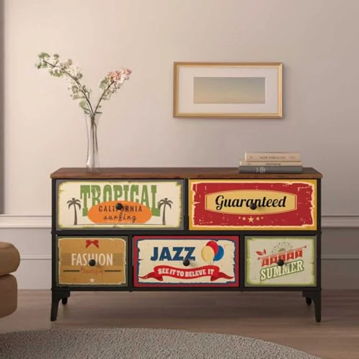 AKTIVE Max Home Mehrzweck-Schlafzimmer, Retro- und Vintage-Grafiken, 5 leichte Stoffschubladen, 103 x 30 x 56 cm, Stahlrahmen, Holzplatte, Nachttische, Wohnzimmermöbel (18402) – Bild 3