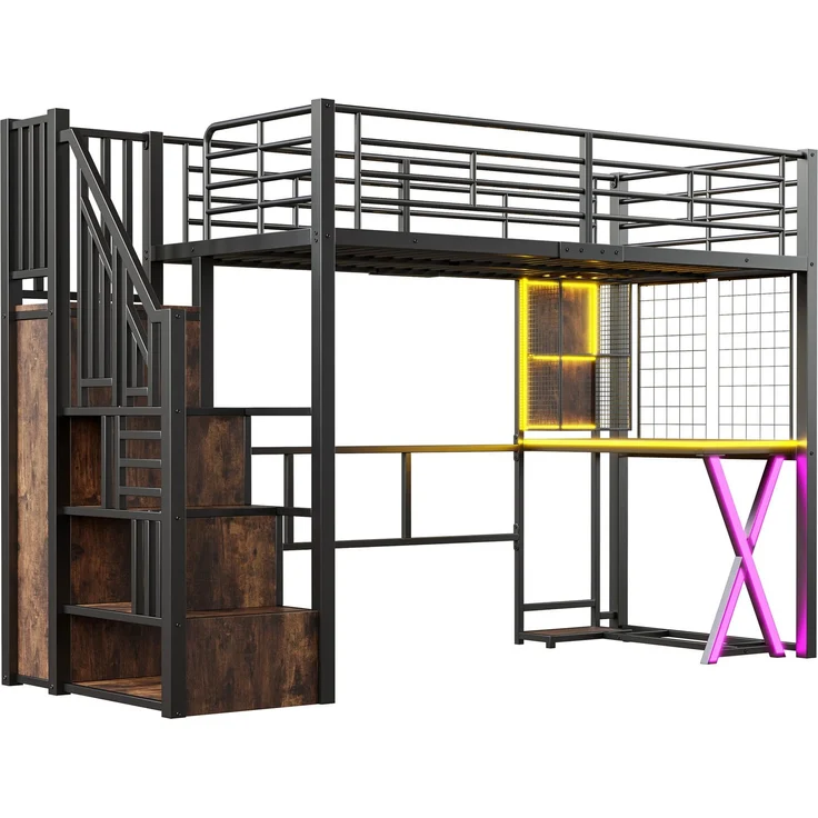 Kinder-Hochbett 90x200 cm mit Schreibtisch, Kleiderschrank, Aufbewahrungsleiter,fernbedienbares LED-Ambientelicht,Schwarz – Bild 9