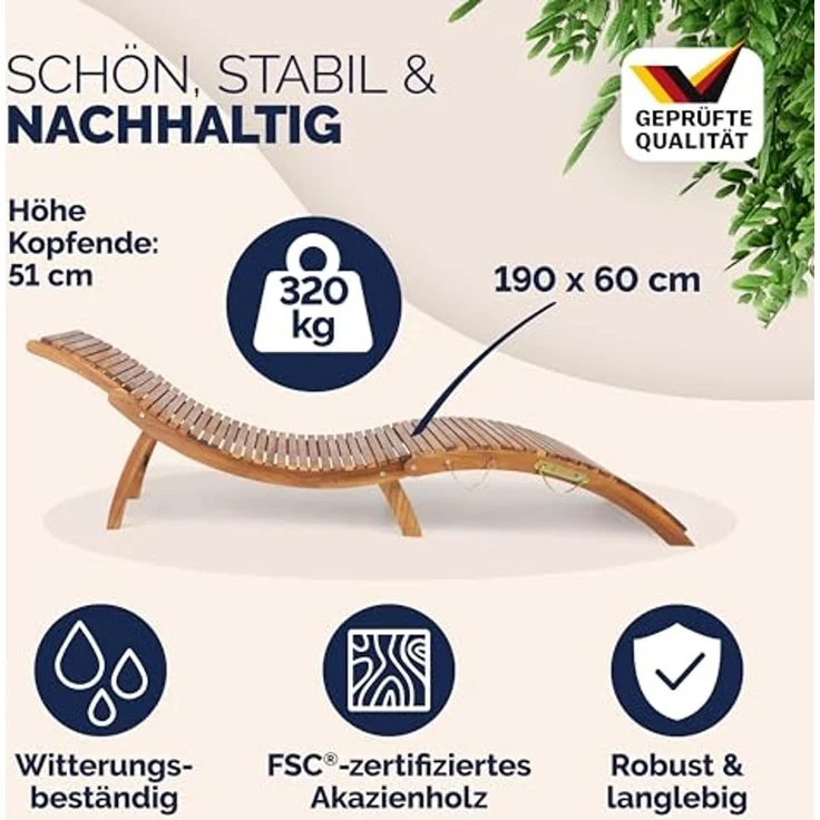 Casaria 'ERGO' Sonnenliege, 2 Stück, Akazienholz, faltbar mit Tragegriff & Kofferfunktion, braun, 17 x 90 x 60 cm – Bild 2