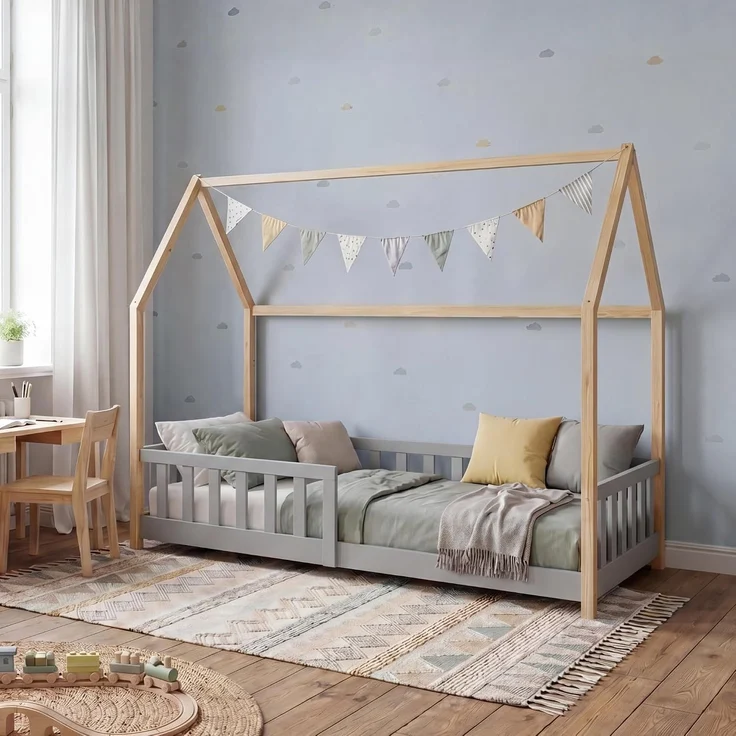 Hausbett Hesel mit Rausfallschutz 90x200 cm Grau/Natur [en. casa] – Bild 1