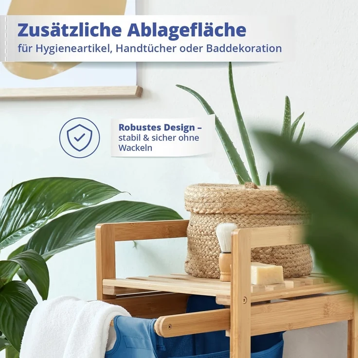 Lumaland Wäschekorb Bambus 33x33x73cm holzfarben/blau Wäschesack ausziehbar – Bild 7