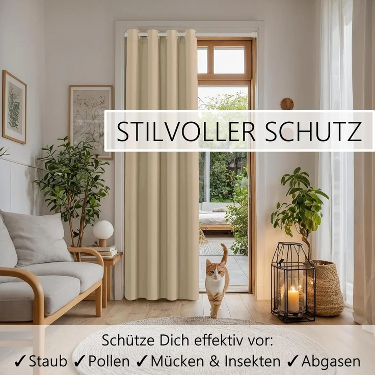 tinycurtains Türvorhang mit Stange weiß 55-90 cm ohne Bohren, Thermo Vorhang Tür, Ösen, abdunkelnd, Polyester, beige Driftwood, Türgardine mit Klemmstange Raumtrenner verdunkelnd – Bild 5