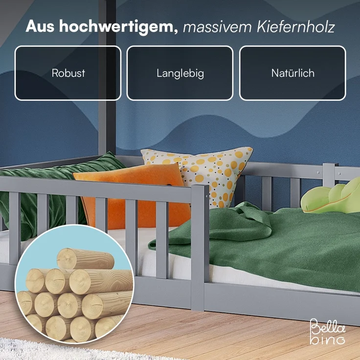 Bellabino 'Bia' Hausbett 90x200 cm, grau, Kiefer Massivholz, Bodenbett in Hausoptik, Montessori Kinderbett mit Rausfallschutz und Lattenrost – Bild 7