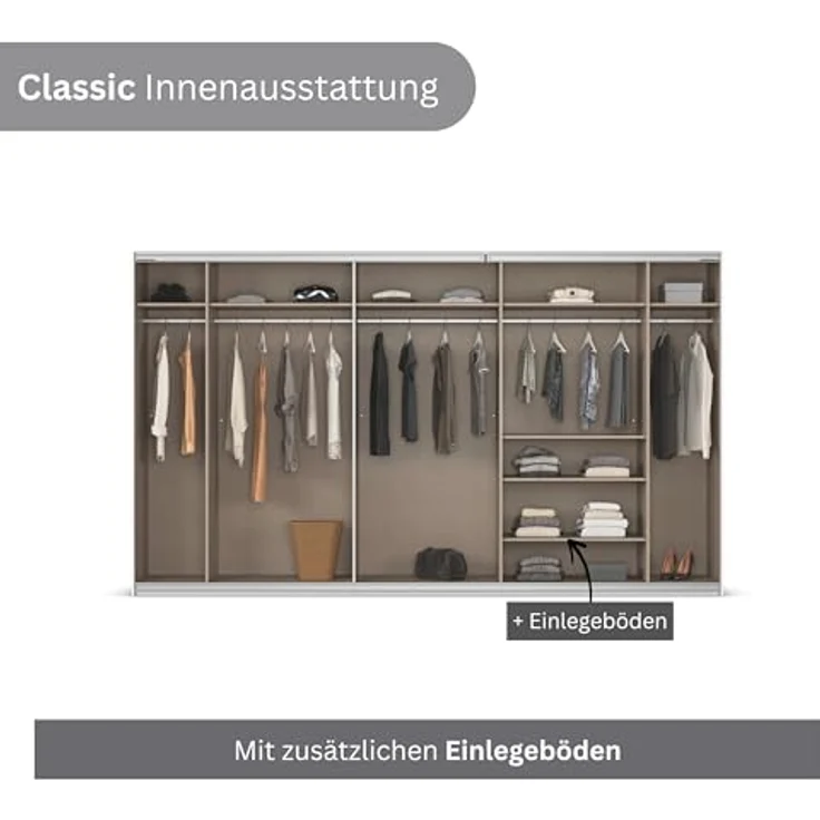 Rauch Möbel Kulmbach, Kleiderschrank mit Schwebetüren für Schlafzimmer, Kinderzimmer, Jugendzimmer, Garderobe, Flur, 3-türig, mit Spiegel, Zubehör Classic, Farbe Beige, Breite 360 cm – Bild 7