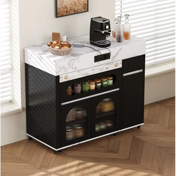 Kücheninsel aus MDF mit ausziehbarer Tischplatte, 50,5-187,5x110,5x95,5 cm, Schwarz – Bild 2