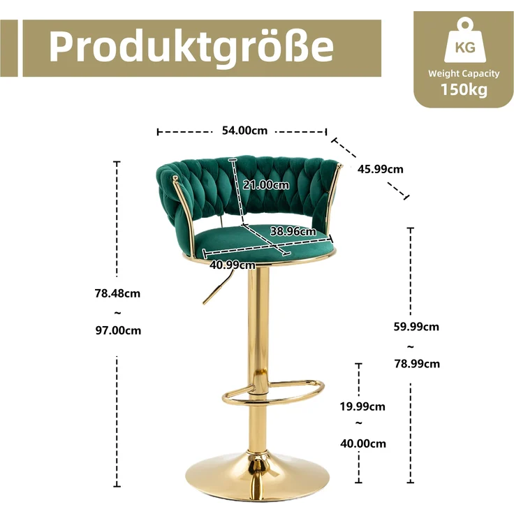 LVHOM Barhocker 2er Set, goldene Stuhlbeine, moderne Samt-Hochstuhl/Barstühle, mit runden Rückenlehne & Fußstütze, 360° drehbar, Höhenverstellbar – Bild 6
