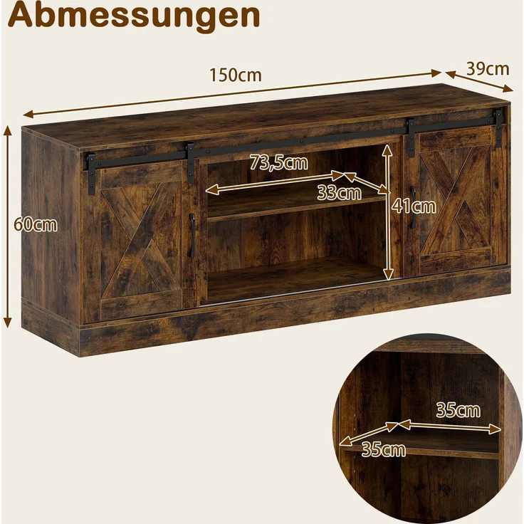 TV Schrank mit 2 Schiebetüren & Verstellbaren Regalen TV-Ständer für bis 70" Fernseher Lowboard – Bild 2