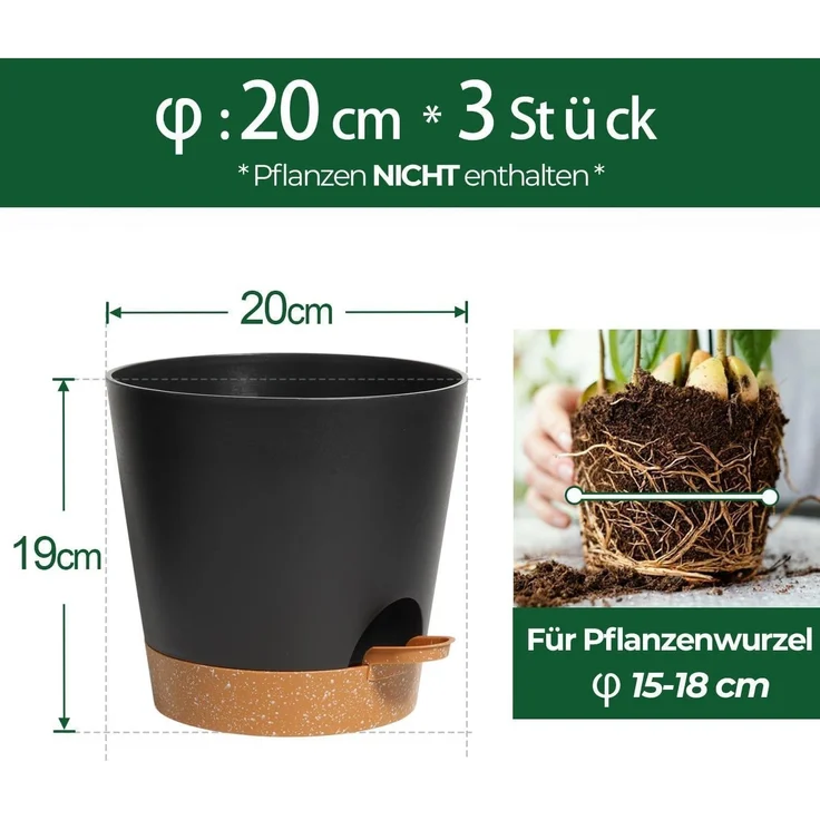 T4U 20cm Kunststoff Blumentopf Selbstbewässerung 3er-Set Schwarz – Bild 2
