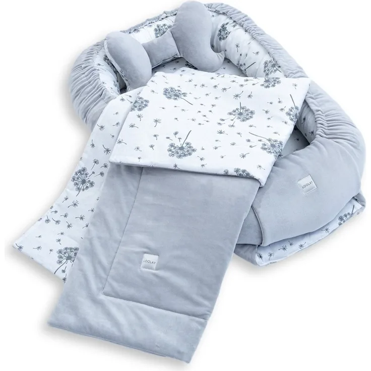 Loolay Kuschelnest BABYNEST + DECKE + Kissen Babyausstattung Baumwolle & Samt Velours, (MUSTER: GRAU Samt Velour/ Pustelblume Weiß, 3-tlg, Liebevoll handgefertigt Nestchen! Geborgenheit Komfort für Neugeborene), Premium Ausstattung - 100% Europäische S...