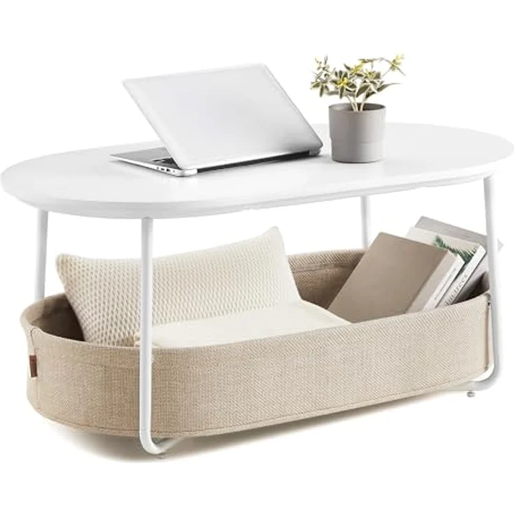 VASAGLE Couchtisch oval, Tisch mit Stauraum, Beistelltisch, Wohnzimmertisch mit Korb aus Stoff, modern, Metallrahmen, mattweiß-Kamelbraun LCT222W10 – Bild 2