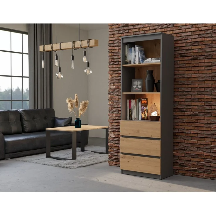 ibonto BÜCHERREGAL ANTHRAZIT / ARTISAN EICHE mit Schubladen (H 180 x T 35 x B 60 cm) – Bild 3