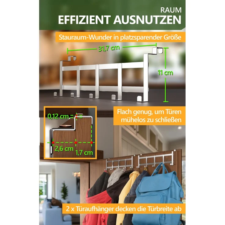 Aurelia Home Türgarderobe zum Einhängen, 5 Haken, Edelstahl, Silber – Falztüren innen, bis 15 kg – Bild 5