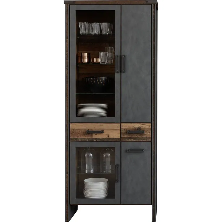 Vitrine Plano / Prime, Glas, Holzwerkstoff, Grau, Holzfarben, 89 x 212 x 42 cm