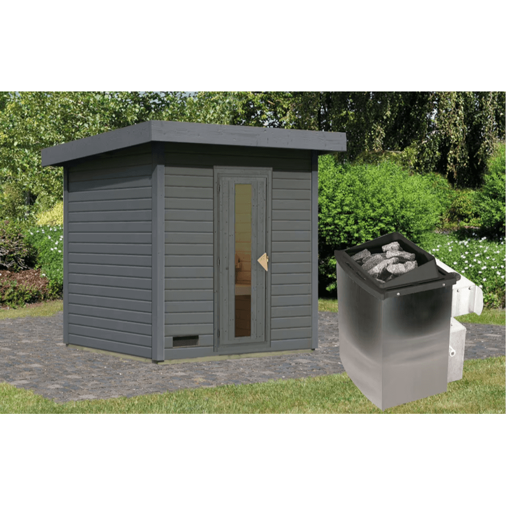 Karibu Sauna Hytti 2 terragrau mit 9 kW Ofen mit integrierter Steuerung