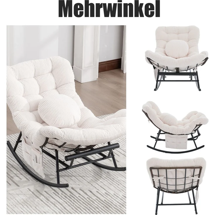 LVHOM Schaukelstuhl mit ausziehbarer Fußstütze, Rattanstuhl mit Stahlrahmen, Schaukelsessel mit gepolstertem Kissen und Seitentasche, Lounge Sessel, 1 St, Beige – Bild 5