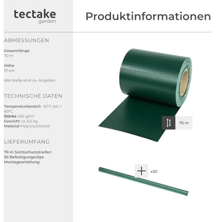 tectake® Sichtschutzfolie, Sichtschutzstreifen mit Befestigungsclips, Windschutz, Sonnenschutz, Sichtschutzmatte für Balkon, Garten, Terrasse, für Stabmattenzaun und Zaunelemente - 70 m, grün – Bild 7