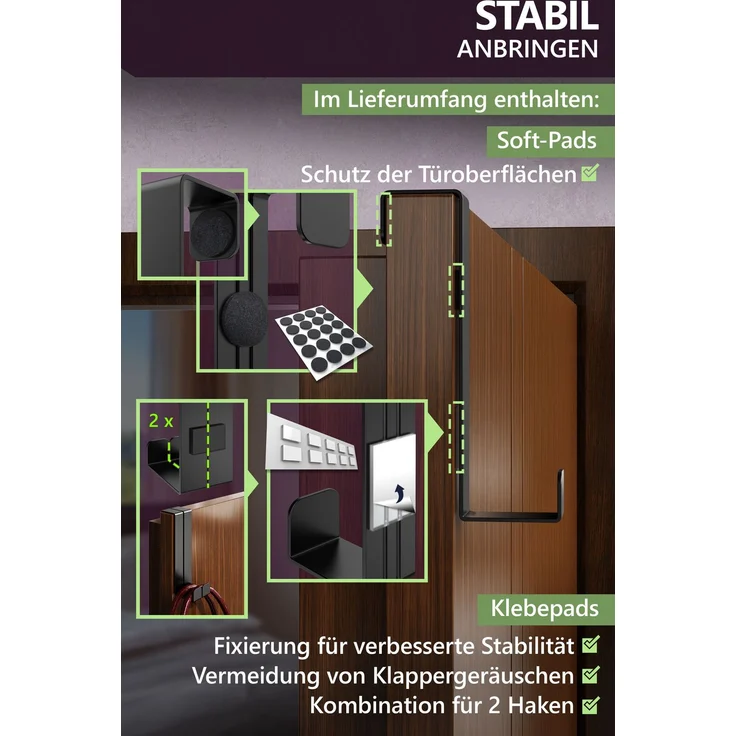 Aurelia Home Türhaken zum Einhängen, 10er-Set, Schwarz – ohne Bohren, bis 8 kg – Bild 6