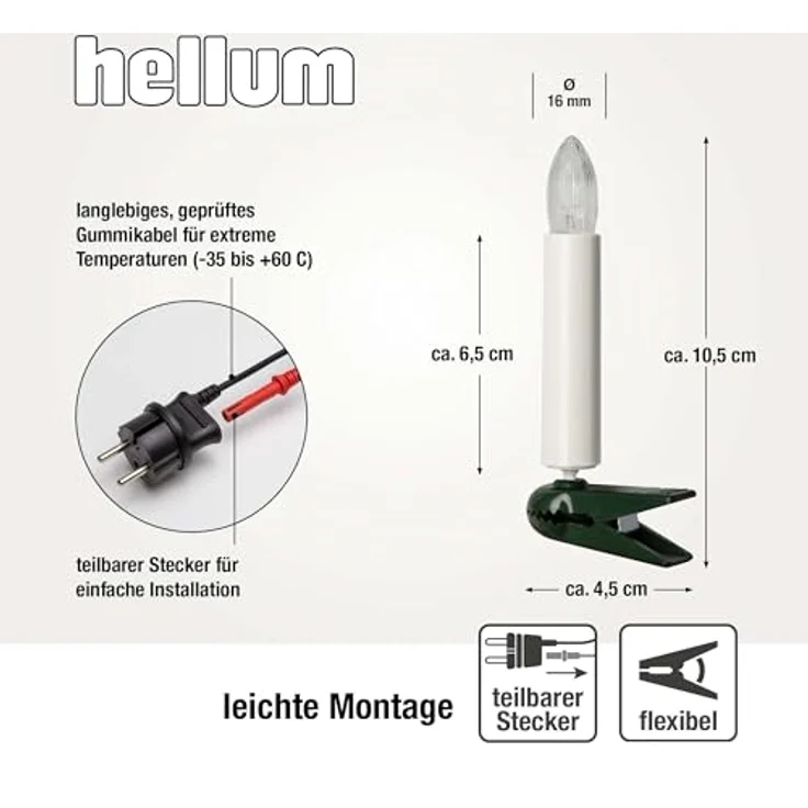 Hellum Lichterkette Weihnachtsbaum innen Made in Germany, Christbaumbeleuchtung mit Clips, 30 Lichter, 2030 cm beleuchtet, grünes Kabel und weißer Schaft, für Innenbereich mit teilbaren Stecker 813012 – Bild 4