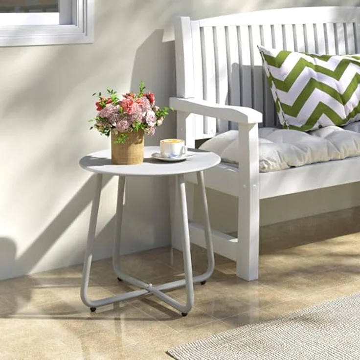 HollyHOME Beistelltisch Outdoor Gartentisch Balkontisch, Runder Patio Beistelltisch Kaffeetische Nachttisch Metalltisch Garten Terrasse, Grau – Bild 2