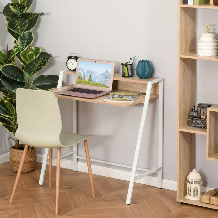MELAYR, Schreibtisch, Computertisch mit Ablage und Kabel Management, 84 x 45 x 85 cm, Weiß+Eiche – Bild 3