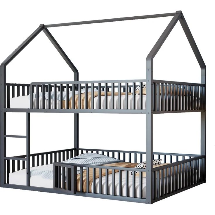 Bett 140x200 cm in Hausform aus Metall mit Tür und Sicherheitsgeländern – kindgerechtes Etagenbett – Bild 7