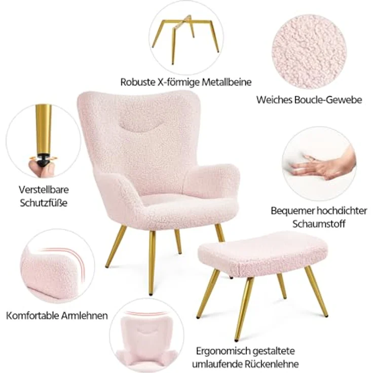Yaheetech Ohrensessel mit Hocker Polyester-Bezug, Fernsehsessel Armlehnensessel Polstersessel Relaxsessel Cocktailsessel Teddy-Plüsch Stilvolles Design Rosa – Bild 6