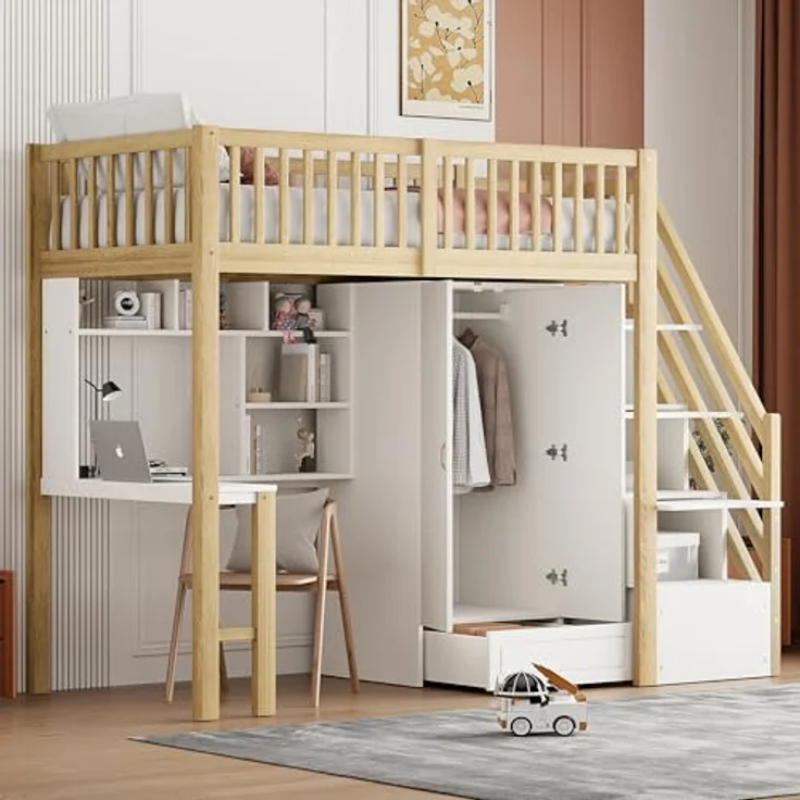 Odikalo Jugendbett Kinderbett Hochbett Kleiderschrank Regal Tisch Treppe 90x200cm – Bild 7