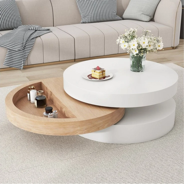 BBWL Couchtisch 360° mit Stauraum, 3 Ebenen, ausziehbarer Tischplatte, MDF, Drehbarer Couchtisch, moderner Wohnzimmertisch Weiß/Natur – Bild 3