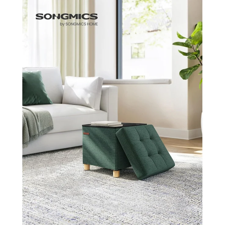 Songmics Sitzbank mit Stauraum, Schuhbank, klappbare Sitztruhe, Aufbewahrungsbox, Fußbank, 38 x 38 x 40 cm, für Wohnzimmer, Schlafzimmer, vintagegrün – Bild 2