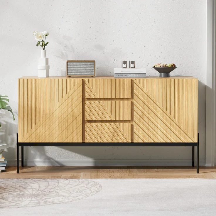 Merax Sideboard mit 2 Türen und 3 Schubladen,Metallbeinen, TV-Schrank,Buffet, Kommode mit Linien-Design, Maße: H75 cm / B140 cm/ T40 cm – Bild 1