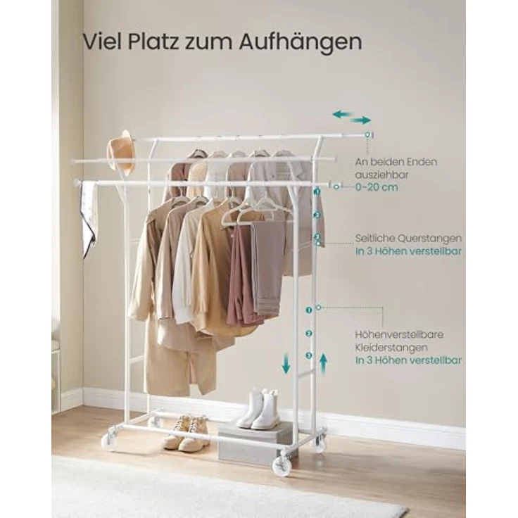 SONGMICS Kleiderständer auf Rollen, Garderobenständer aus Metall, Garderobenstange, Kleiderstange ausziehbar, höhenverstellbar, mattweiß HSR012W01 – Bild 4