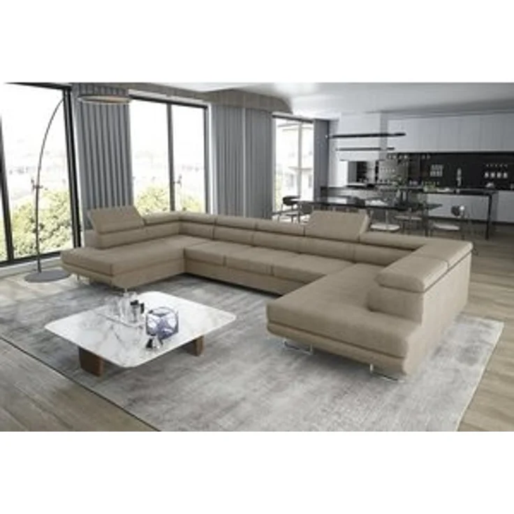 thematys Ecksofa Aston U 403 x 203 cm, mit Schlaffunktion, mit Bettkasten, mit verstellbaren Kopfstützen, Beige (Poso 02), Ausrichtung 390 cm – Bild 7