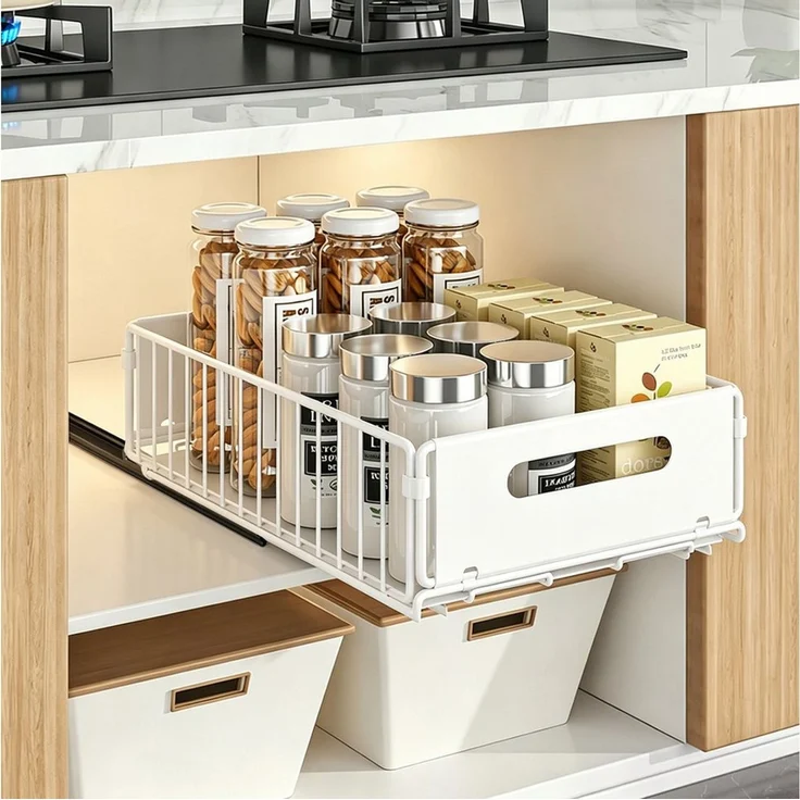OSTWOLKE Küchenorganizer-Set Teleskopschublade, Faltbare Ausziehbarer Schrank Organizer, Kein Bohren Pull Out Cabinet organizer, Küchenschrank Organizer – Bild 4